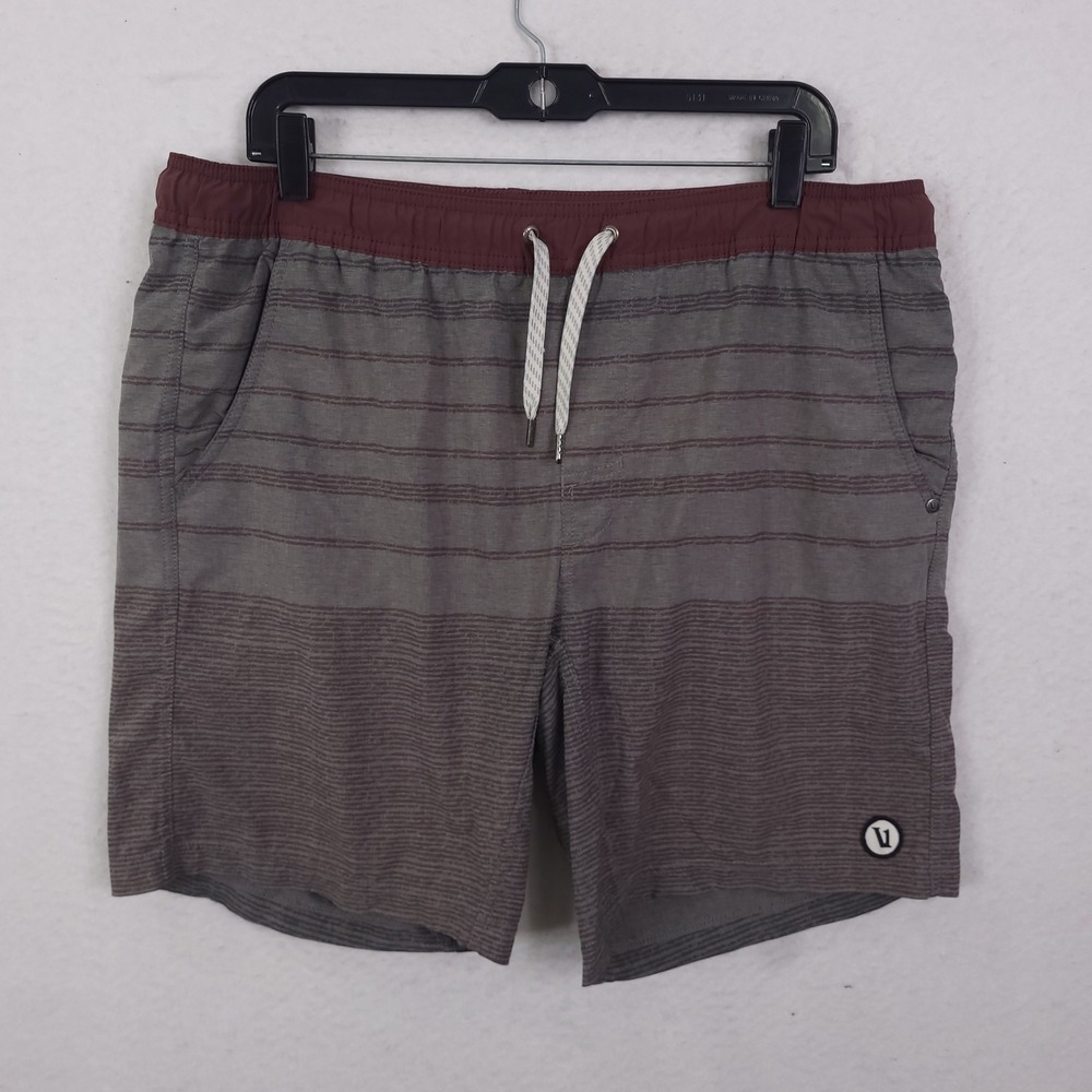 Vuori Board Shorts Mens Large Gray Burgundy Striped Hybrid Swim Trunks